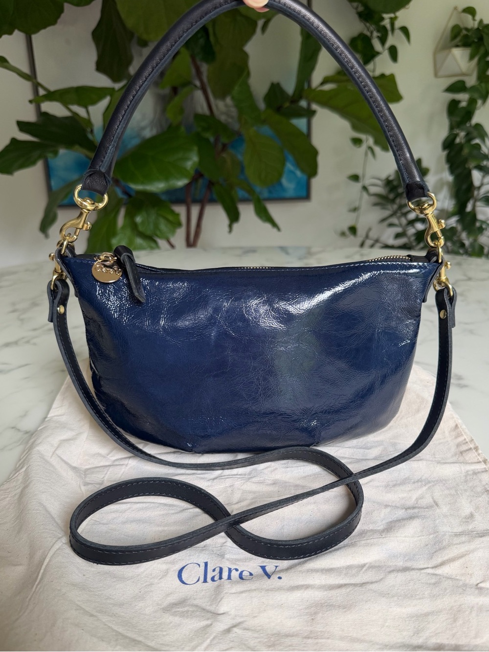 Clare V Petit Moyen Messenger In Twilight Navy Blue Crinkle Patent Leather